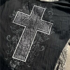 Hybrid Grunge Cross Graphic Top M Snakeskin Print Draped Back Gothic Tee
